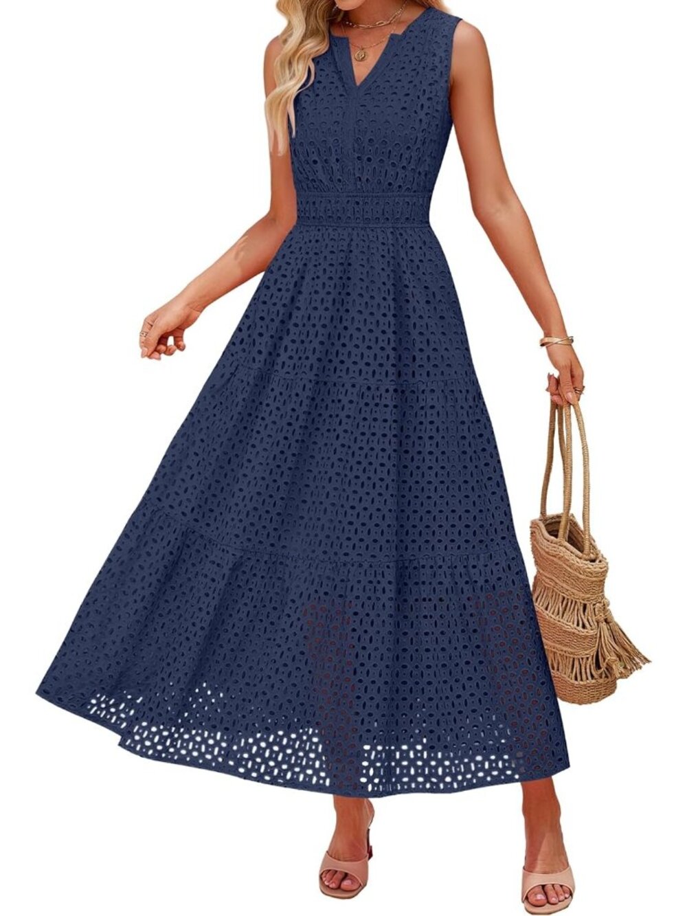 Women's Navy Sleeveless Casual V Neck Pull On Imported Long Maxi Dress